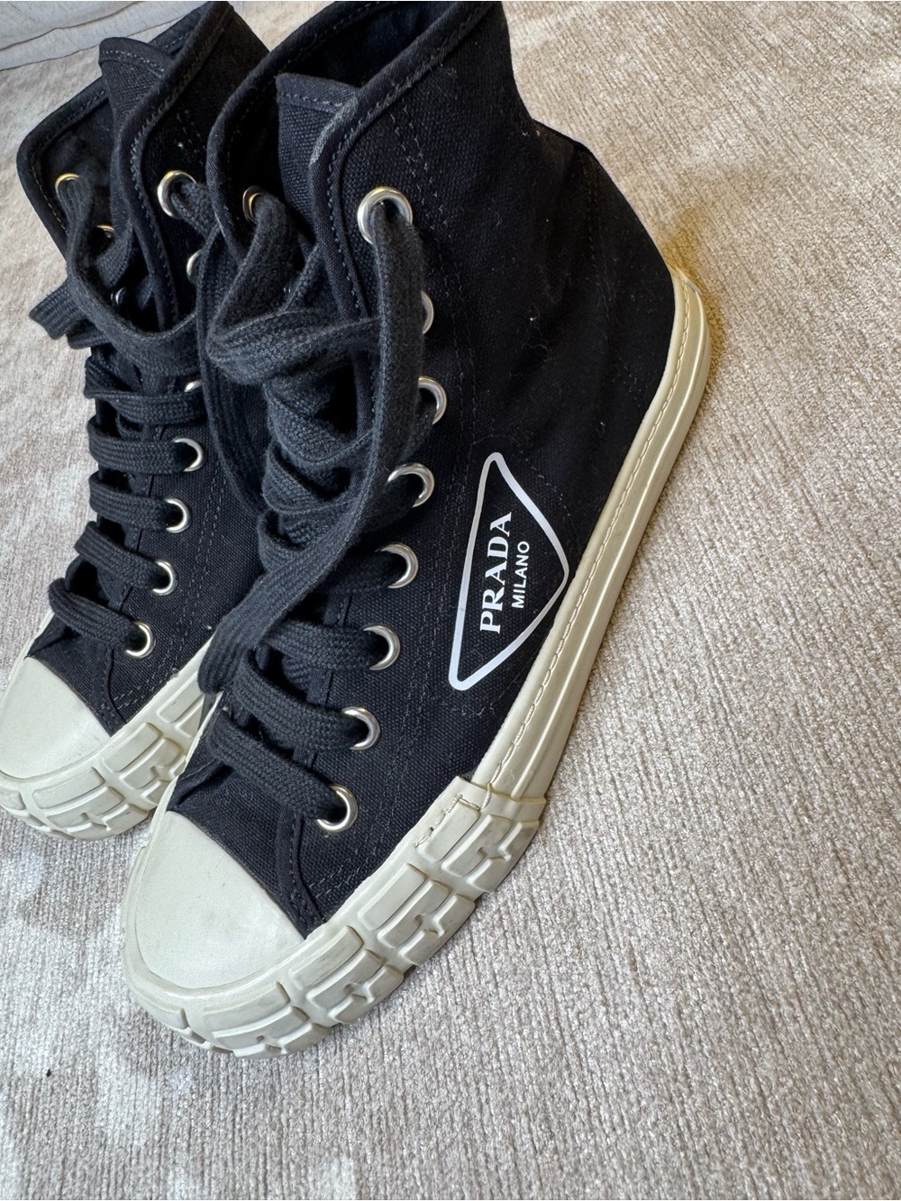 Prada Black Canvas High-Top Sneakers with Cream Sole/ No Box - Picture 2 of 6